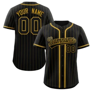 Personalized Baseball Jersey with Name, Number & Logo – Black (Gold Pinstripe)
