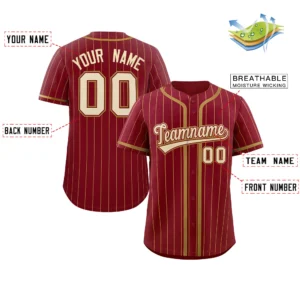Personalized Baseball Jersey with Name, Number & Logo – Crimson (Gold Pinstripe)