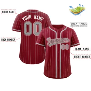 Personalized Baseball Jersey with Name, Number & Logo – Crimson (Gray Pinstripe)