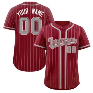 Personalized Baseball Jersey with Name, Number & Logo – Crimson (Gray Pinstripe)