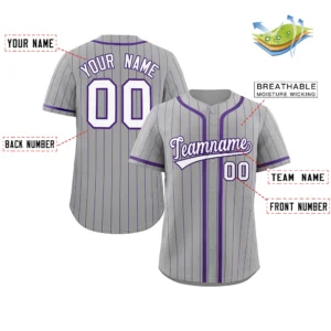 Personalized Baseball Jersey with Name, Number & Logo – Gray (Purple Pinstripe)