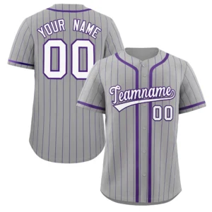 Personalized Baseball Jersey with Name, Number & Logo – Gray (Purple Pinstripe)
