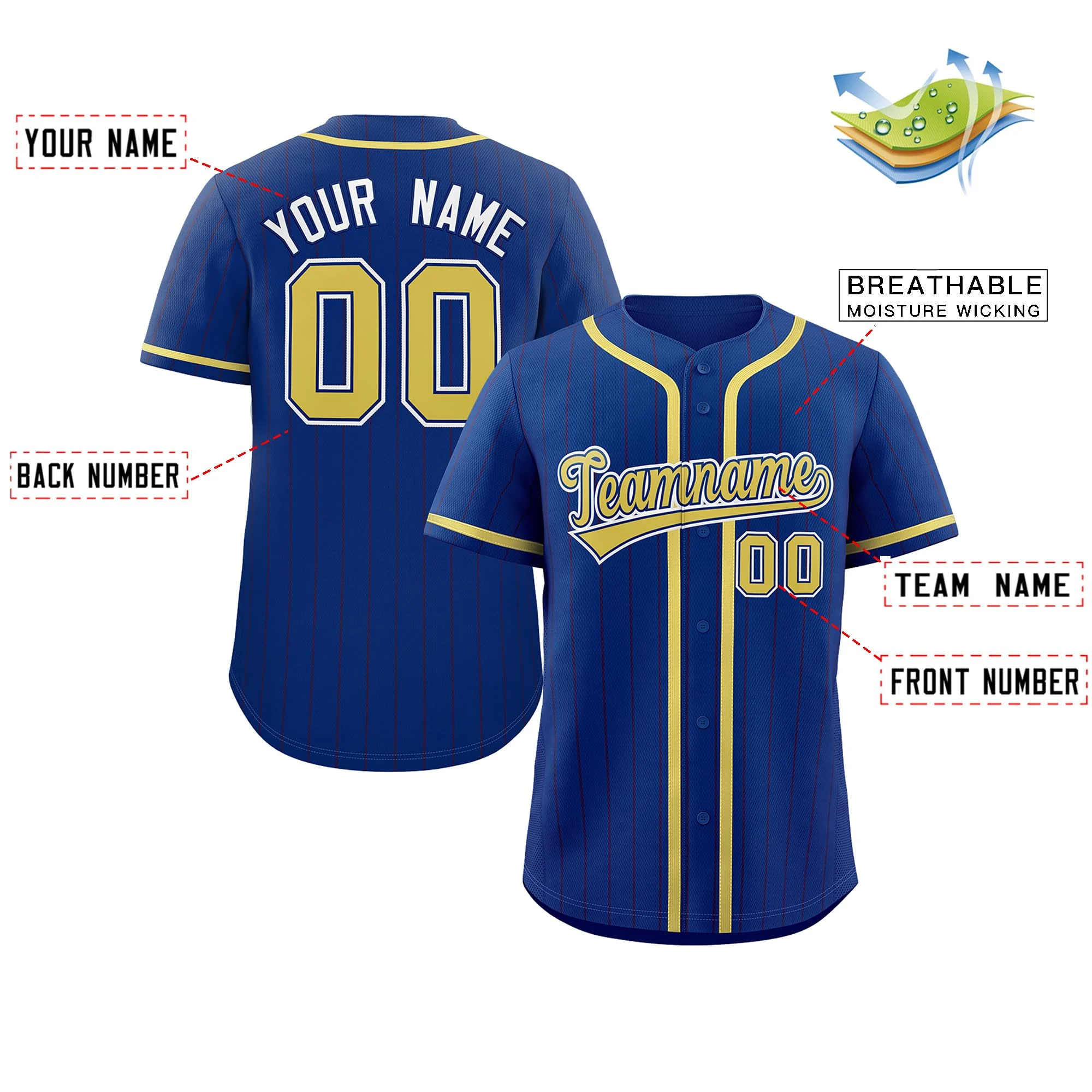 Customize your personalized pinstripe baseball jersey: See available placement options for name, number, and team logo.