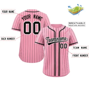 Personalized Baseball Jersey with Name, Number & Logo – Pink (Black Pinstripe)