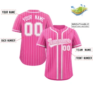 Personalized Baseball Jersey with Name, Number & Logo – Pink (White Pinstripe)