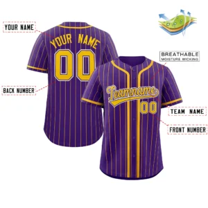 Personalized Baseball Jersey with Name, Number & Logo – Purple (Yellow Pinstripe)