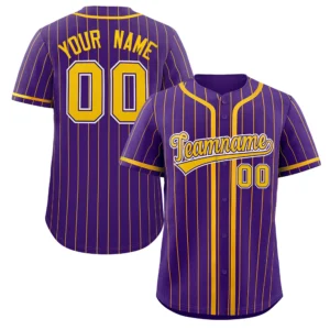 Personalized Baseball Jersey with Name, Number & Logo – Purple (Yellow Pinstripe)