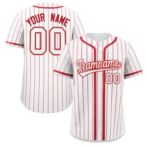 Personalized Baseball Jersey with Name, Number & Logo – White (Red Pinstripe)